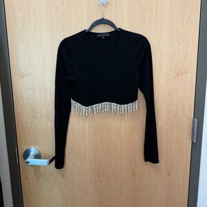 The Vintage Shop rhinestone fringe black long sleeve crop top women’s L